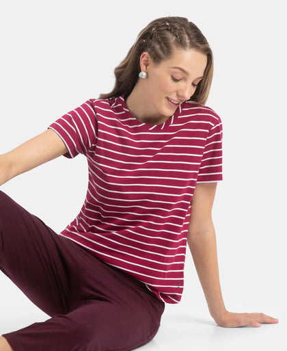 Super Combed Cotton Stripe Fabric Relaxed Fit Round Neck Half Sleeve T-Shirt with Curved Hem Styling - Red Plum
