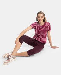 Super Combed Cotton Stripe Fabric Relaxed Fit Round Neck Half Sleeve T-Shirt with Curved Hem Styling - Red Plum