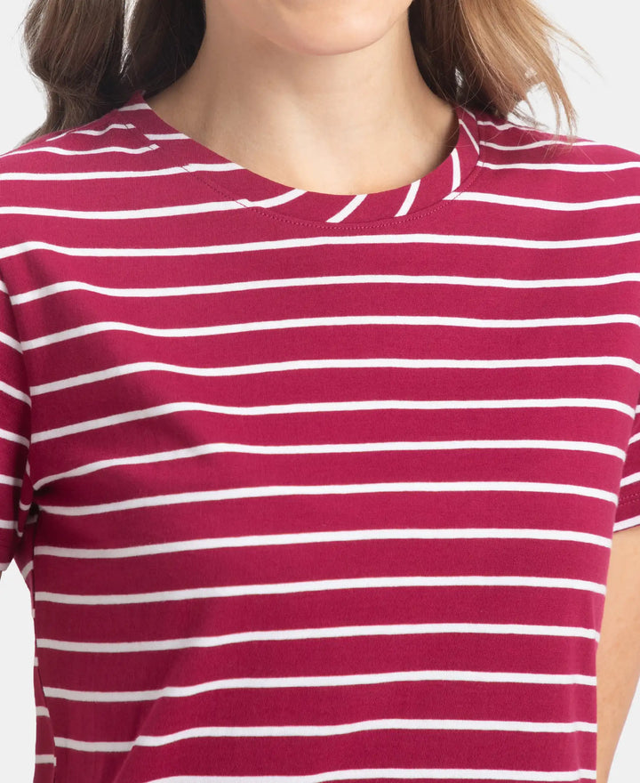 Super Combed Cotton Stripe Fabric Relaxed Fit Round Neck Half Sleeve T-Shirt with Curved Hem Styling - Red Plum