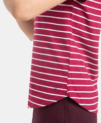 Super Combed Cotton Stripe Fabric Relaxed Fit Round Neck Half Sleeve T-Shirt with Curved Hem Styling - Red Plum