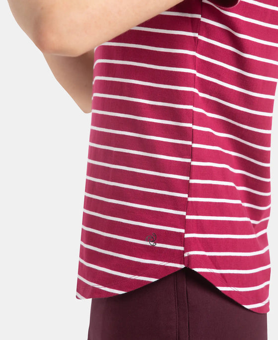 Super Combed Cotton Stripe Fabric Relaxed Fit Round Neck Half Sleeve T-Shirt with Curved Hem Styling - Red Plum