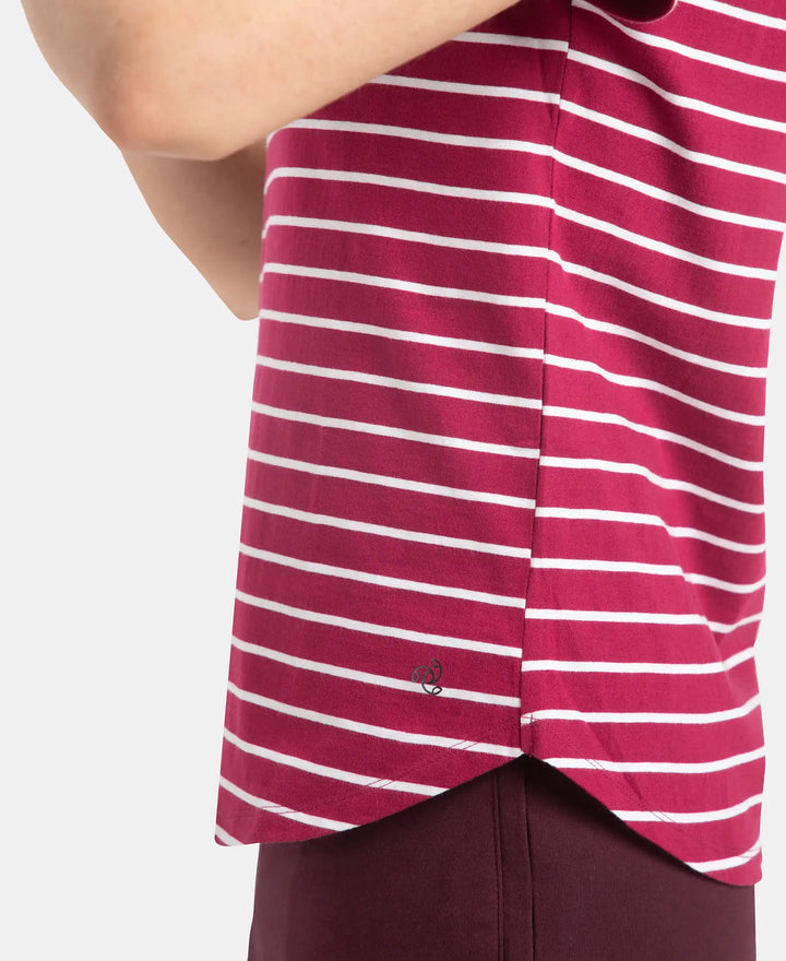 Super Combed Cotton Stripe Fabric Relaxed Fit Round Neck Half Sleeve T-Shirt with Curved Hem Styling - Red Plum