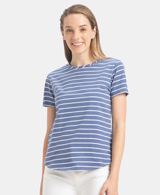 Super Combed Cotton Stripe Fabric Relaxed Fit Round Neck Half Sleeve T-Shirt with Curved Hem Styling - Topaz Blue