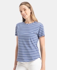 Super Combed Cotton Stripe Fabric Relaxed Fit Round Neck Half Sleeve T-Shirt with Curved Hem Styling - Topaz Blue