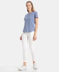 Super Combed Cotton Stripe Fabric Relaxed Fit Round Neck Half Sleeve T-Shirt with Curved Hem Styling - Topaz Blue
