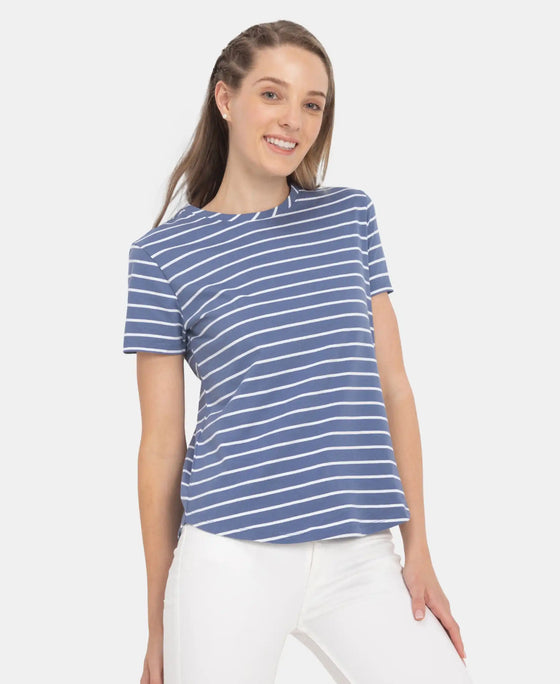 Super Combed Cotton Stripe Fabric Relaxed Fit Round Neck Half Sleeve T-Shirt with Curved Hem Styling - Topaz Blue