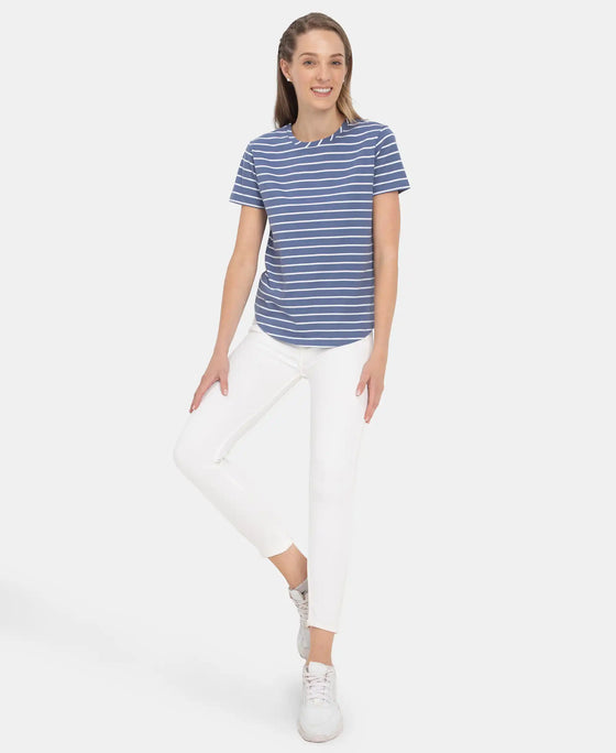 Super Combed Cotton Stripe Fabric Relaxed Fit Round Neck Half Sleeve T-Shirt with Curved Hem Styling - Topaz Blue