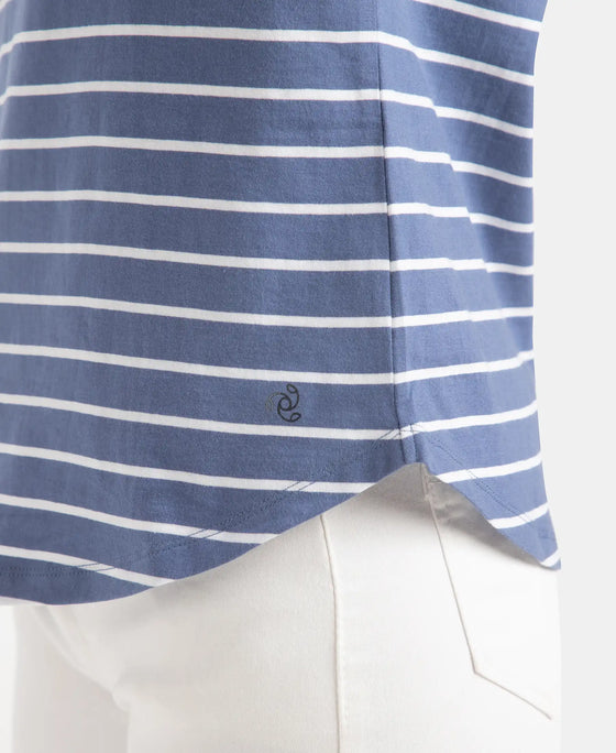 Super Combed Cotton Stripe Fabric Relaxed Fit Round Neck Half Sleeve T-Shirt with Curved Hem Styling - Topaz Blue