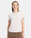 Super Combed Cotton Stripe Fabric Relaxed Fit Round Neck Half Sleeve T-Shirt with Curved Hem Styling - White