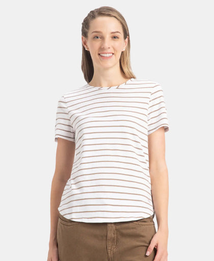 Super Combed Cotton Stripe Fabric Relaxed Fit Round Neck Half Sleeve T-Shirt with Curved Hem Styling - White