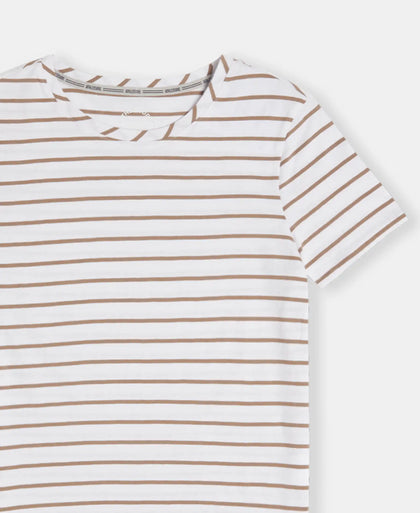Super Combed Cotton Stripe Fabric Relaxed Fit Round Neck Half Sleeve T-Shirt with Curved Hem Styling - White