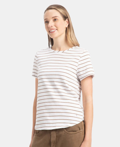 Super Combed Cotton Stripe Fabric Relaxed Fit Round Neck Half Sleeve T-Shirt with Curved Hem Styling - White