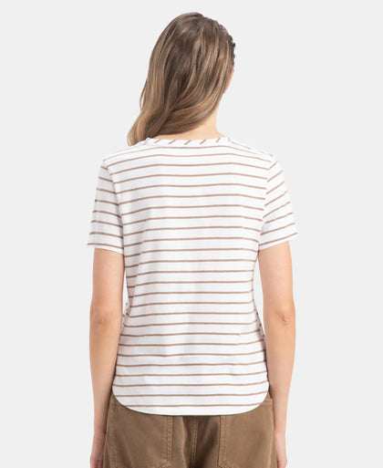 Super Combed Cotton Stripe Fabric Relaxed Fit Round Neck Half Sleeve T-Shirt with Curved Hem Styling - White