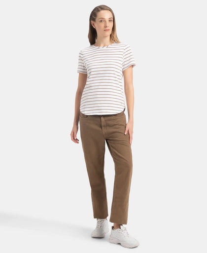 Super Combed Cotton Stripe Fabric Relaxed Fit Round Neck Half Sleeve T-Shirt with Curved Hem Styling - White