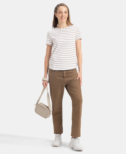 Super Combed Cotton Stripe Fabric Relaxed Fit Round Neck Half Sleeve T-Shirt with Curved Hem Styling - White