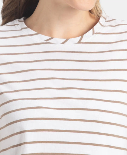 Super Combed Cotton Stripe Fabric Relaxed Fit Round Neck Half Sleeve T-Shirt with Curved Hem Styling - White