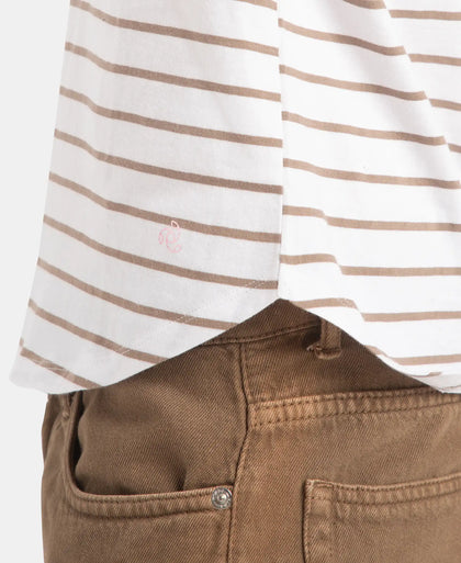 Super Combed Cotton Stripe Fabric Relaxed Fit Round Neck Half Sleeve T-Shirt with Curved Hem Styling - White