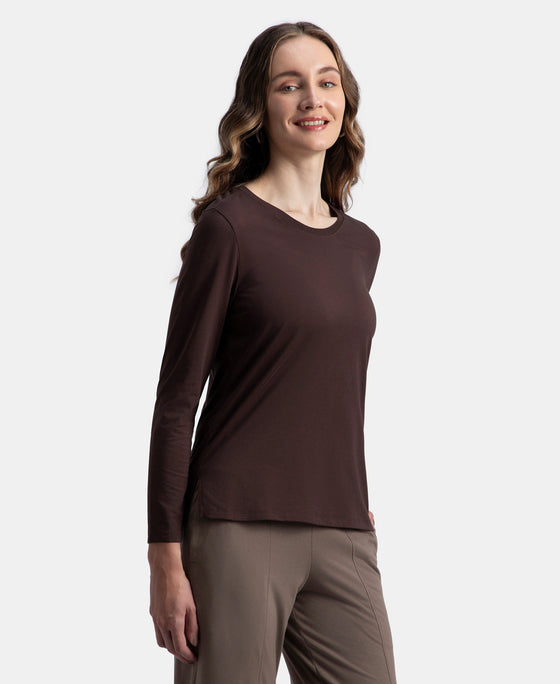 Super Combed Cotton Rich Relaxed Fit Solid Round Neck Full Sleeve T-Shirt - Puce