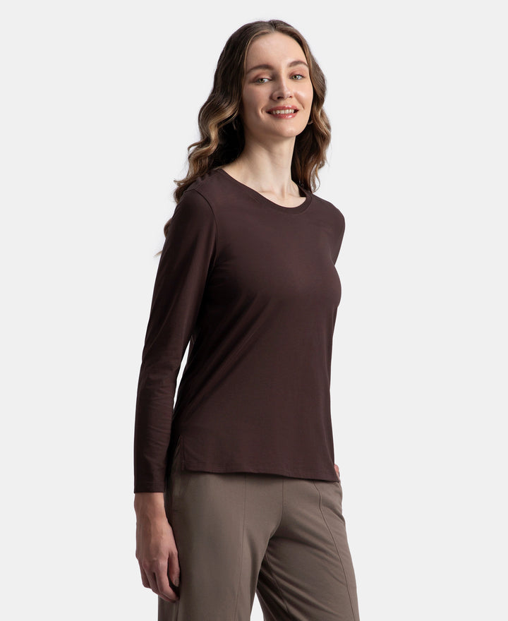 Super Combed Cotton Rich Relaxed Fit Solid Round Neck Full Sleeve T-Shirt - Puce