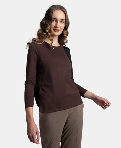 Super Combed Cotton Rich Relaxed Fit Solid Round Neck Full Sleeve T-Shirt - Puce