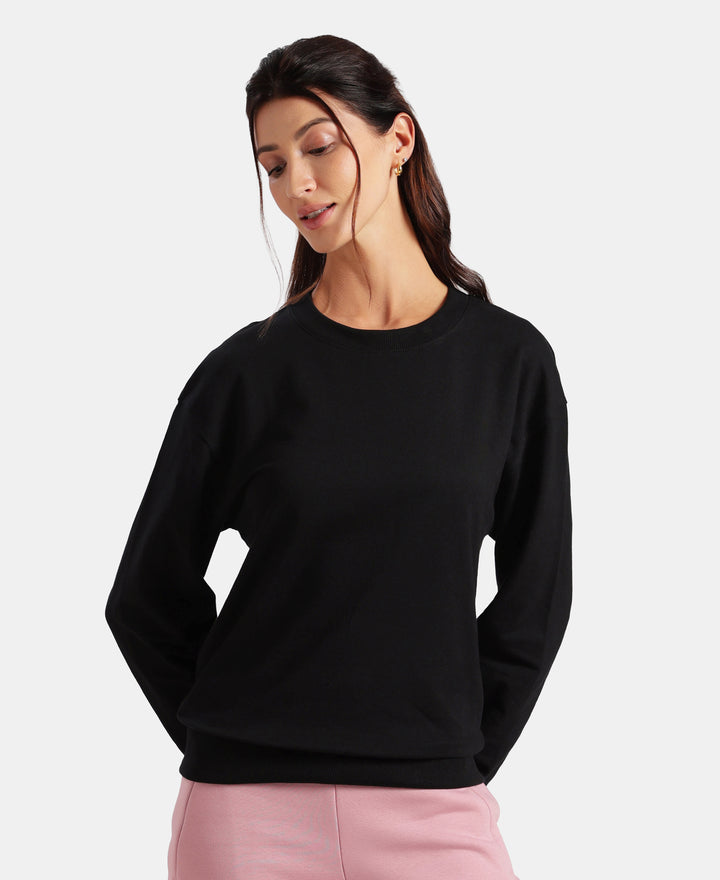 Super Combed Cotton French Terry Solid Sweatshirt with Ribbed Cuffs - Black