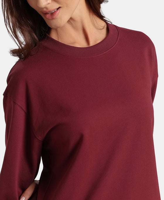 Super Combed Cotton French Terry Solid Sweatshirt with Ribbed Cuffs - Tawny Port