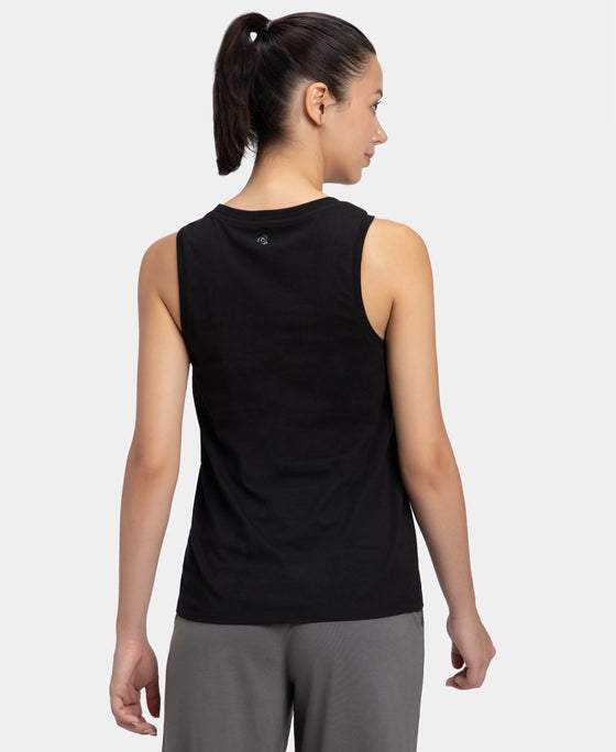 Super Combed Cotton Relaxed Fit Printed Racerback Styled Tank Top - Black