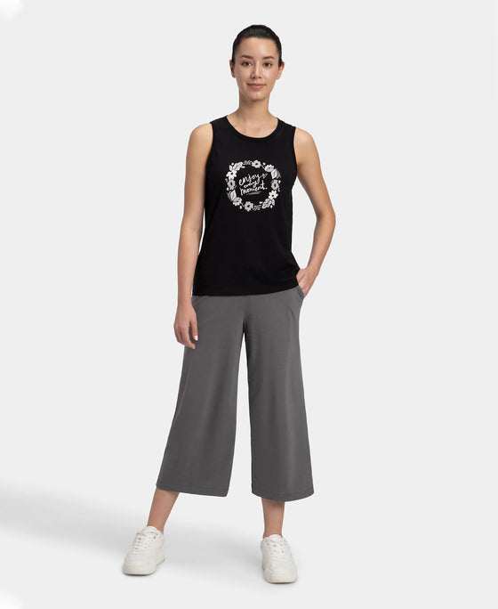 Super Combed Cotton Relaxed Fit Printed Racerback Styled Tank Top - Black
