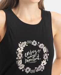 Super Combed Cotton Relaxed Fit Printed Racerback Styled Tank Top - Black