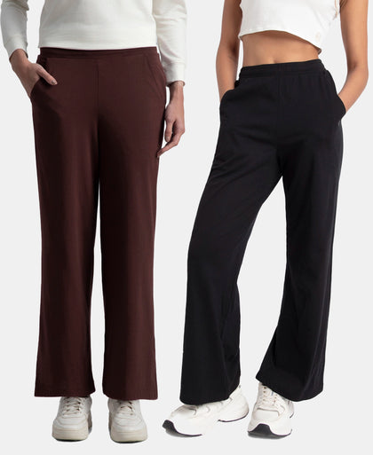 Pack of 2 Super Combed Cotton Rich Straight Fit Wide Leg Pants - Black & Puce