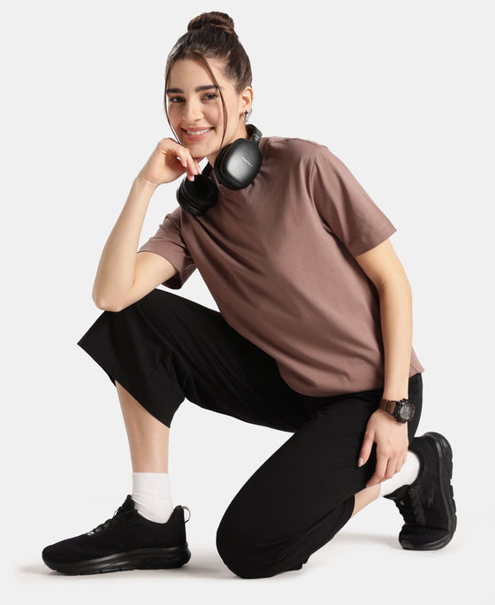 Super Combed Cotton Rich Oversized T-Shirt with Side Slits - Deep Taupe