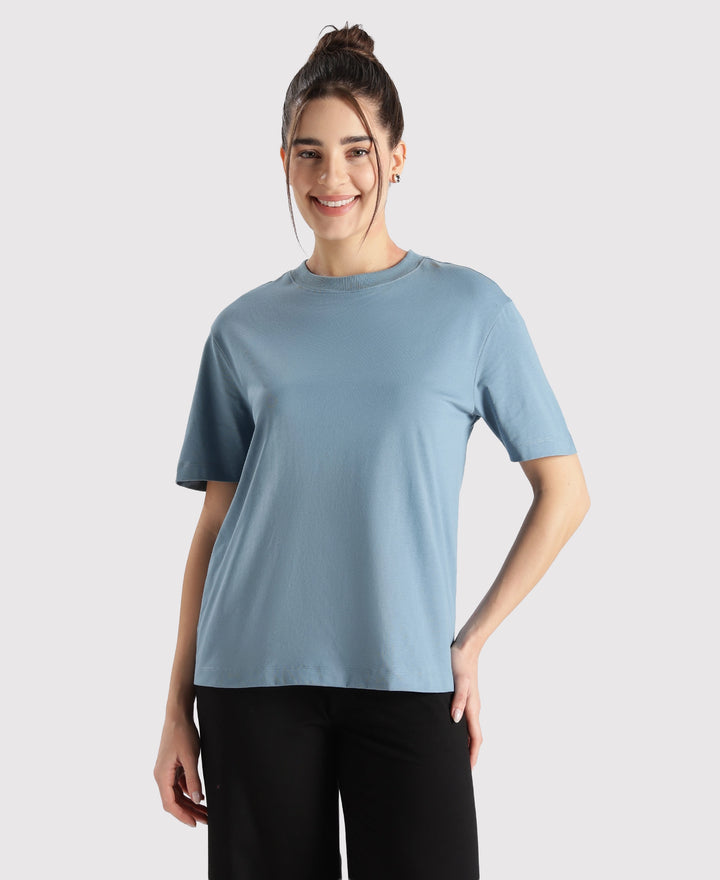 Super Combed Cotton Rich Oversized T-Shirt with Side Slits - Provincial Blue