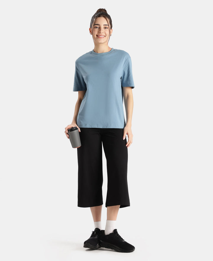 Super Combed Cotton Rich Oversized T-Shirt with Side Slits - Provincial Blue