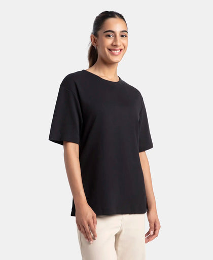 Polyester Cotton Oversized Fit Solid T-Shirt with StayFresh Treatment - Black