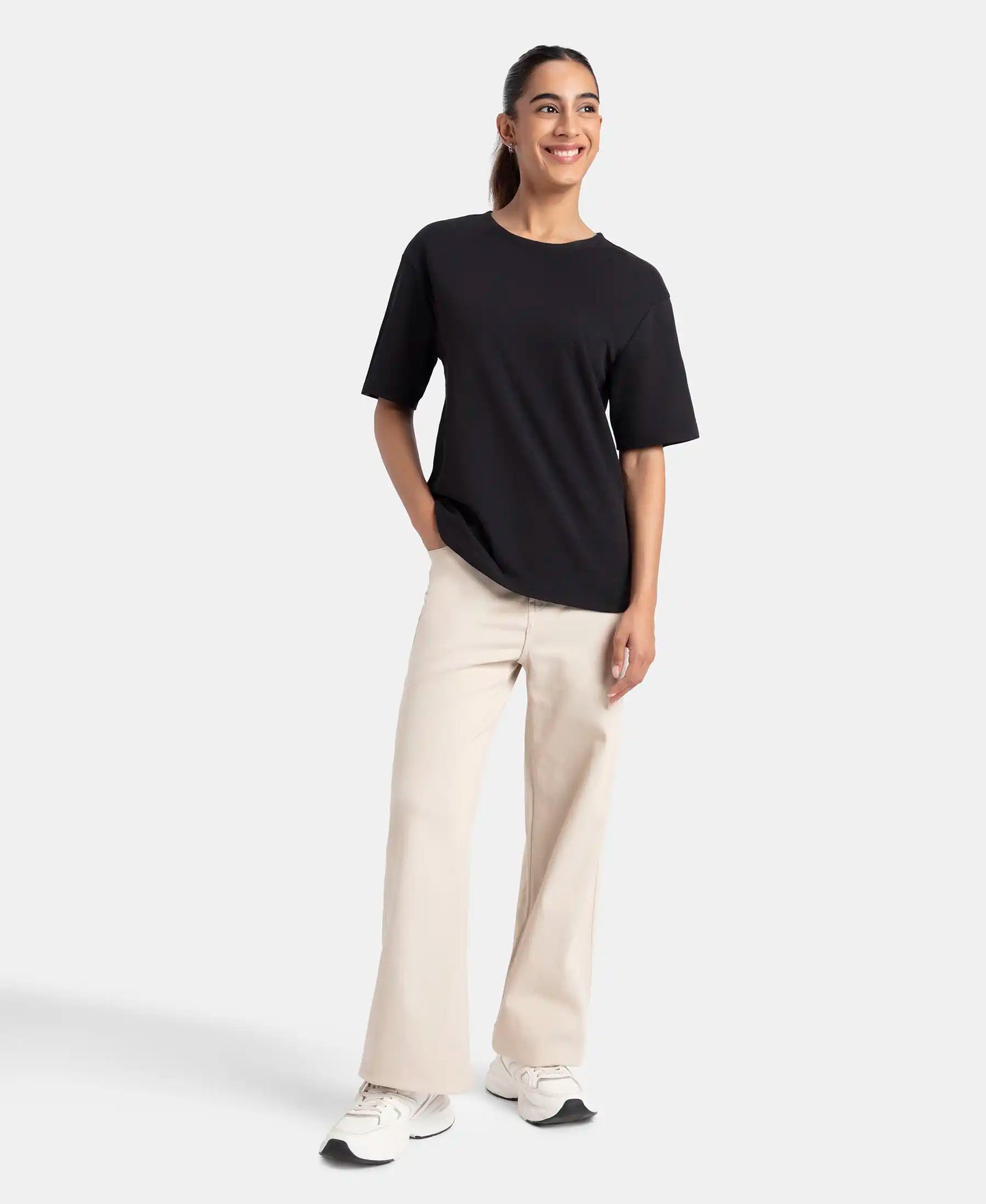 Polyester Cotton Oversized Fit Solid T-Shirt with StayFresh Treatment - Black