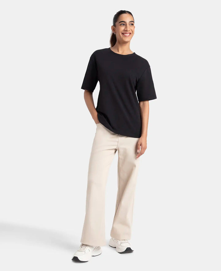 Polyester Cotton Oversized Fit Solid T-Shirt with StayFresh Treatment - Black