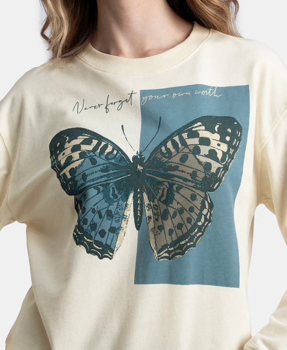 Super Combed Cotton French Terry Fabric Printed Sweatshirt - Antique White