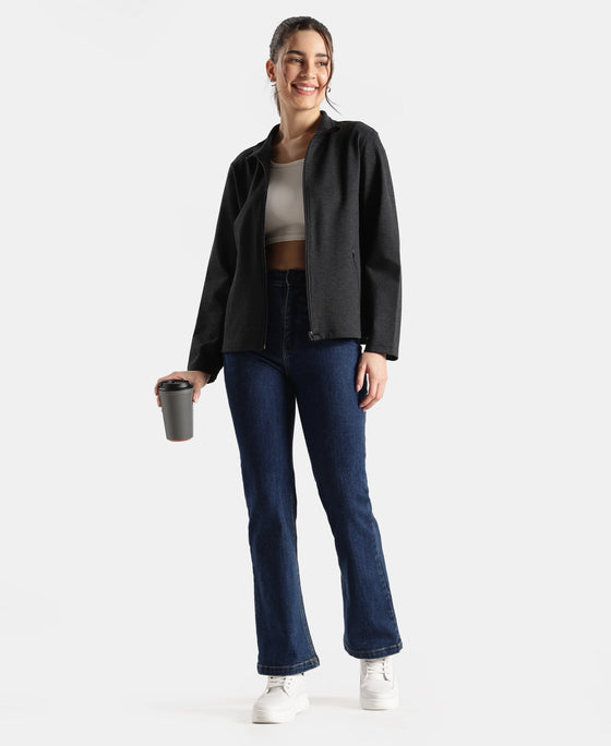 Rayon Nylon Elastane Stretch Relaxed Fit Jacket with Zipper Pockets - Black Melange