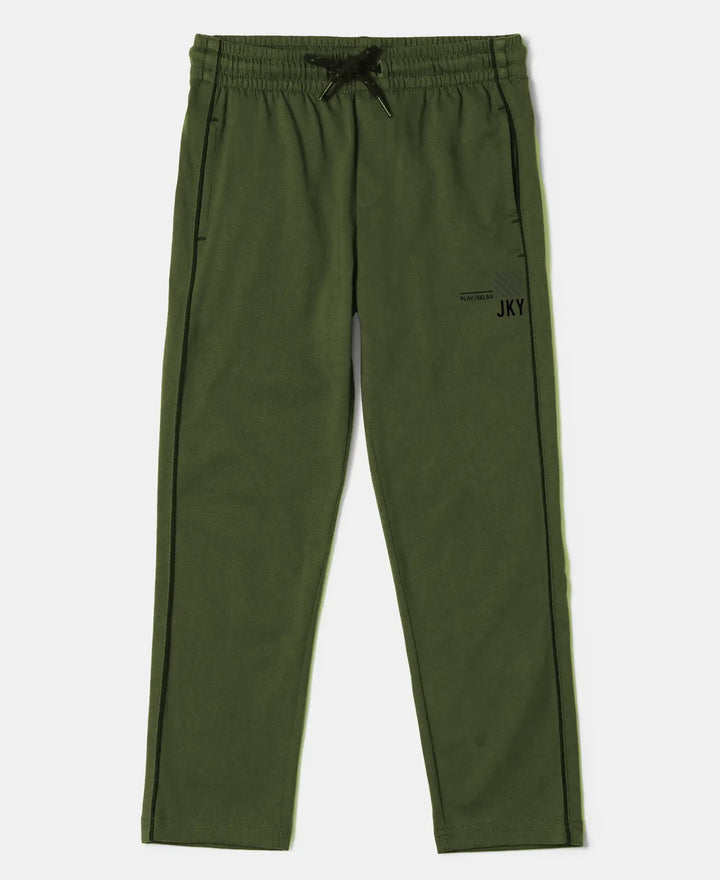 Boy's Super Combed Cotton Rich Graphic Printed Trackpants with Contrast Side Piping - Thyme
