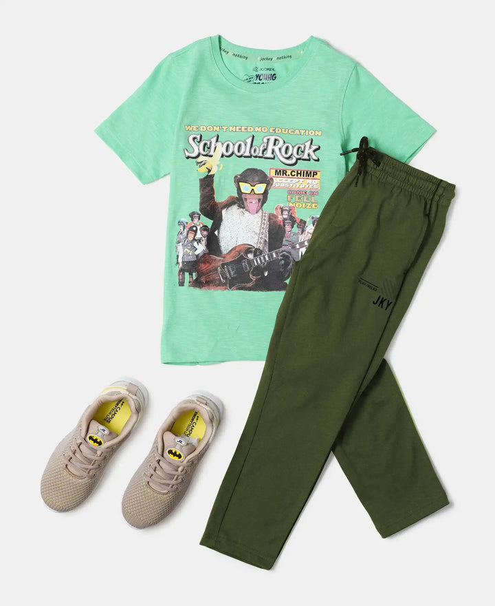 Boy's Super Combed Cotton Rich Graphic Printed Trackpants with Contrast Side Piping - Thyme