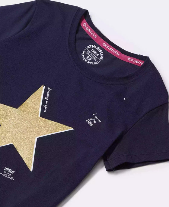 Girl's Super Combed Cotton Graphic Printed T-Shirt - Navy