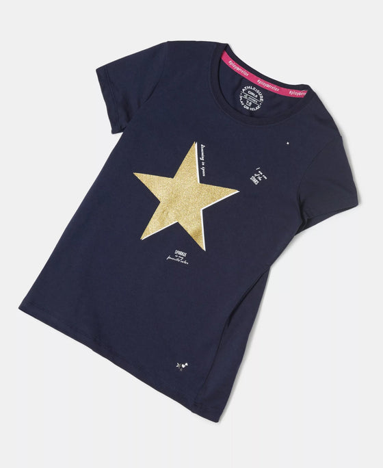 Girl's Super Combed Cotton Graphic Printed T-Shirt - Navy