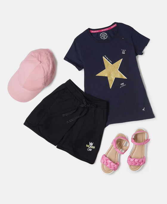 Girl's Super Combed Cotton Graphic Printed T-Shirt - Navy