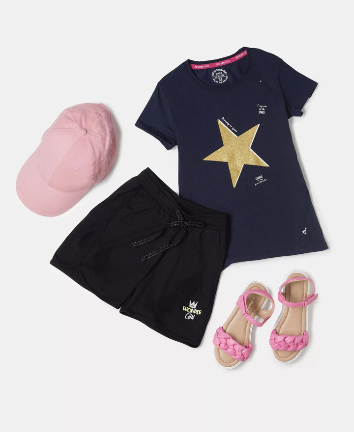 Girl's Super Combed Cotton Graphic Printed T-Shirt - Navy