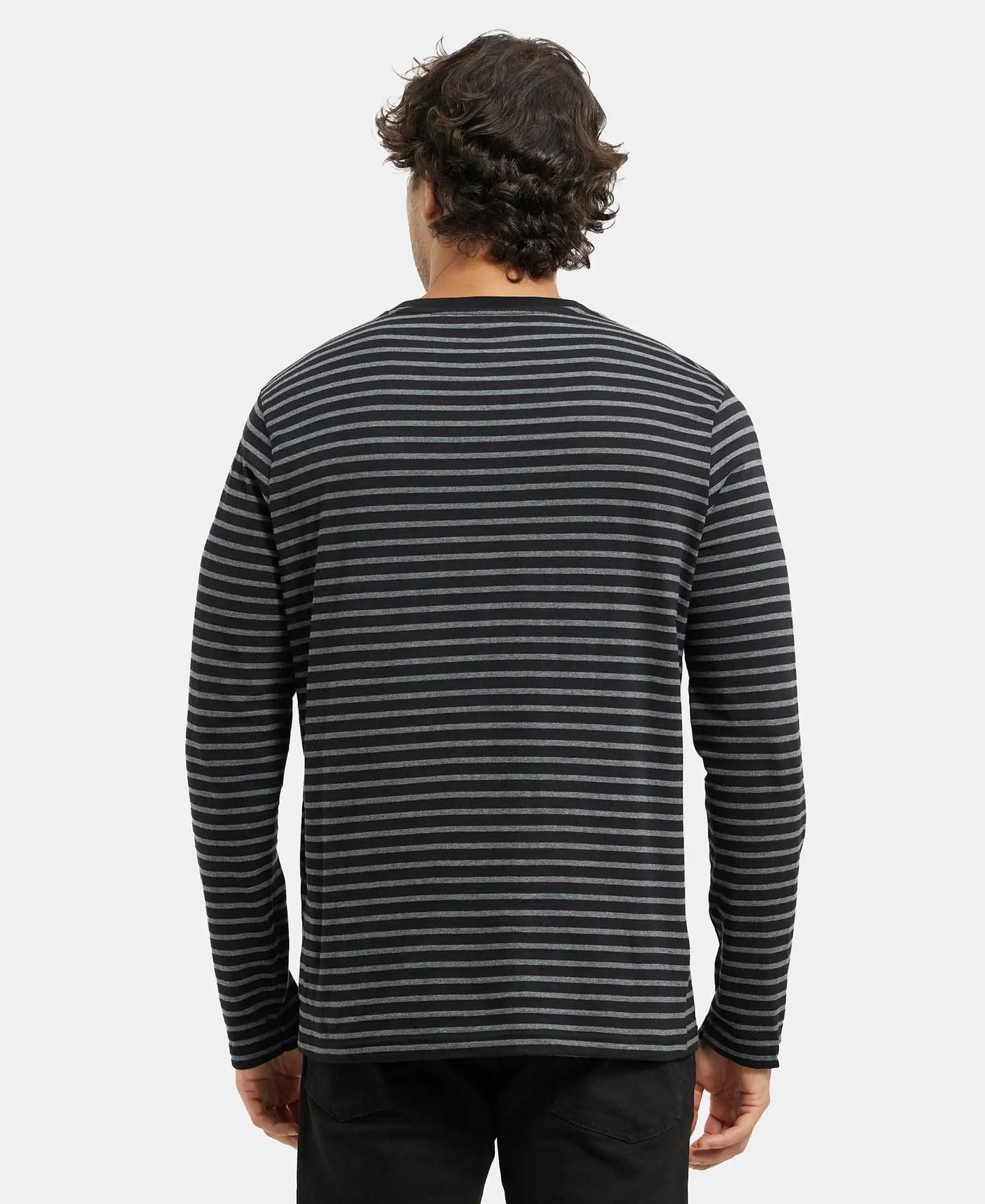 Super Combed Cotton Rich Striped Round Neck Full Sleeve T-Shirt - Black & Charcoal Melange-3