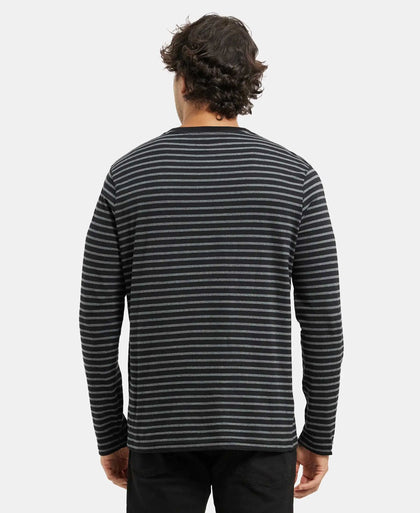 Super Combed Cotton Rich Striped Round Neck Full Sleeve T-Shirt - Black & Charcoal Melange-3