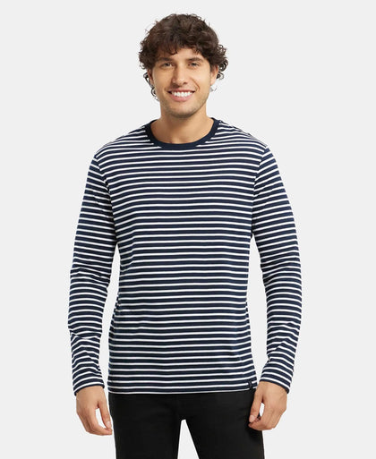 Super Combed Cotton Rich Striped Round Neck Full Sleeve T-Shirt - Navy & White-1