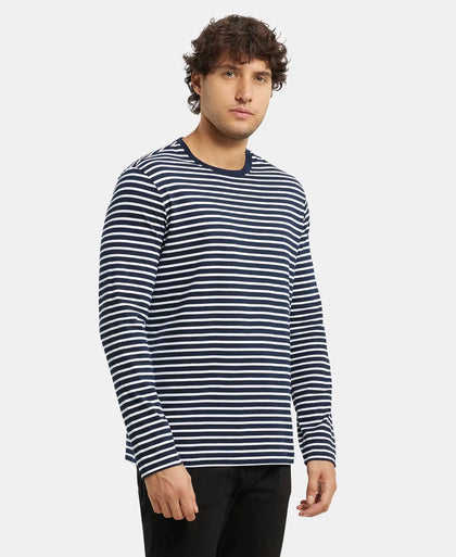Super Combed Cotton Rich Striped Round Neck Full Sleeve T-Shirt - Navy & White-2