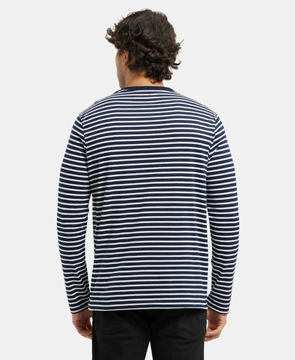 Super Combed Cotton Rich Striped Round Neck Full Sleeve T-Shirt - Navy & White-3