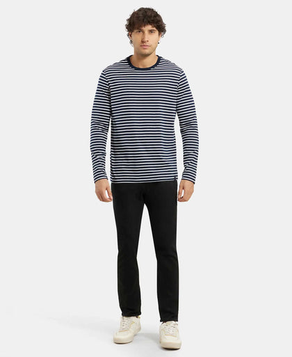 Super Combed Cotton Rich Striped Round Neck Full Sleeve T-Shirt - Navy & White-4